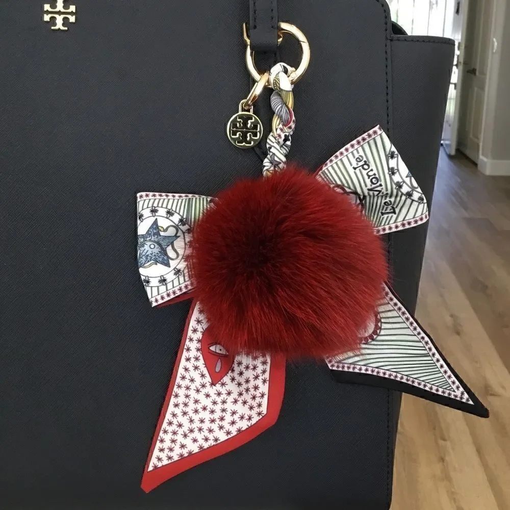 TORY BURCH KEY CHARM FOX FUR SILKY BOW